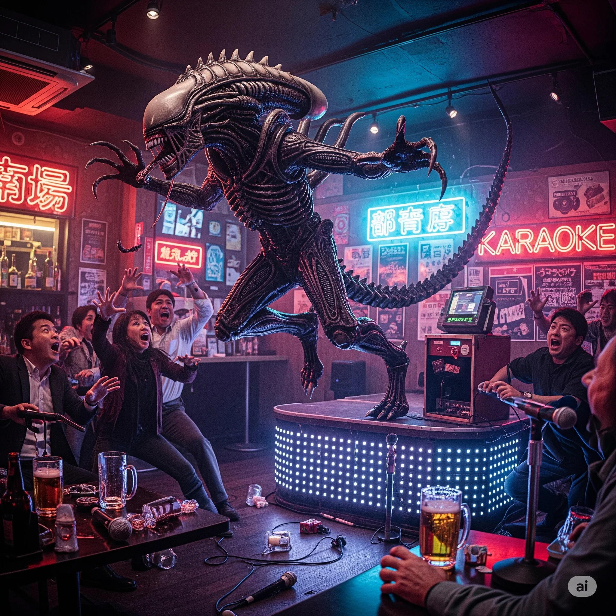 Queen xenomorph alien lunging off stage attacking everyone in a Japanese karaoke bar because they hated her singing. picture 1 of 1