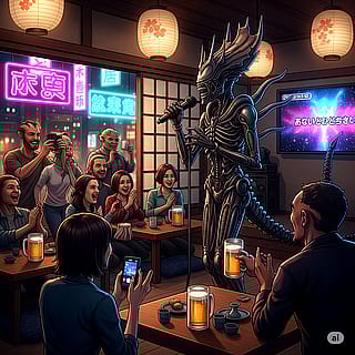 Queen xenomorph alien singing karaoke in Japan cafe'