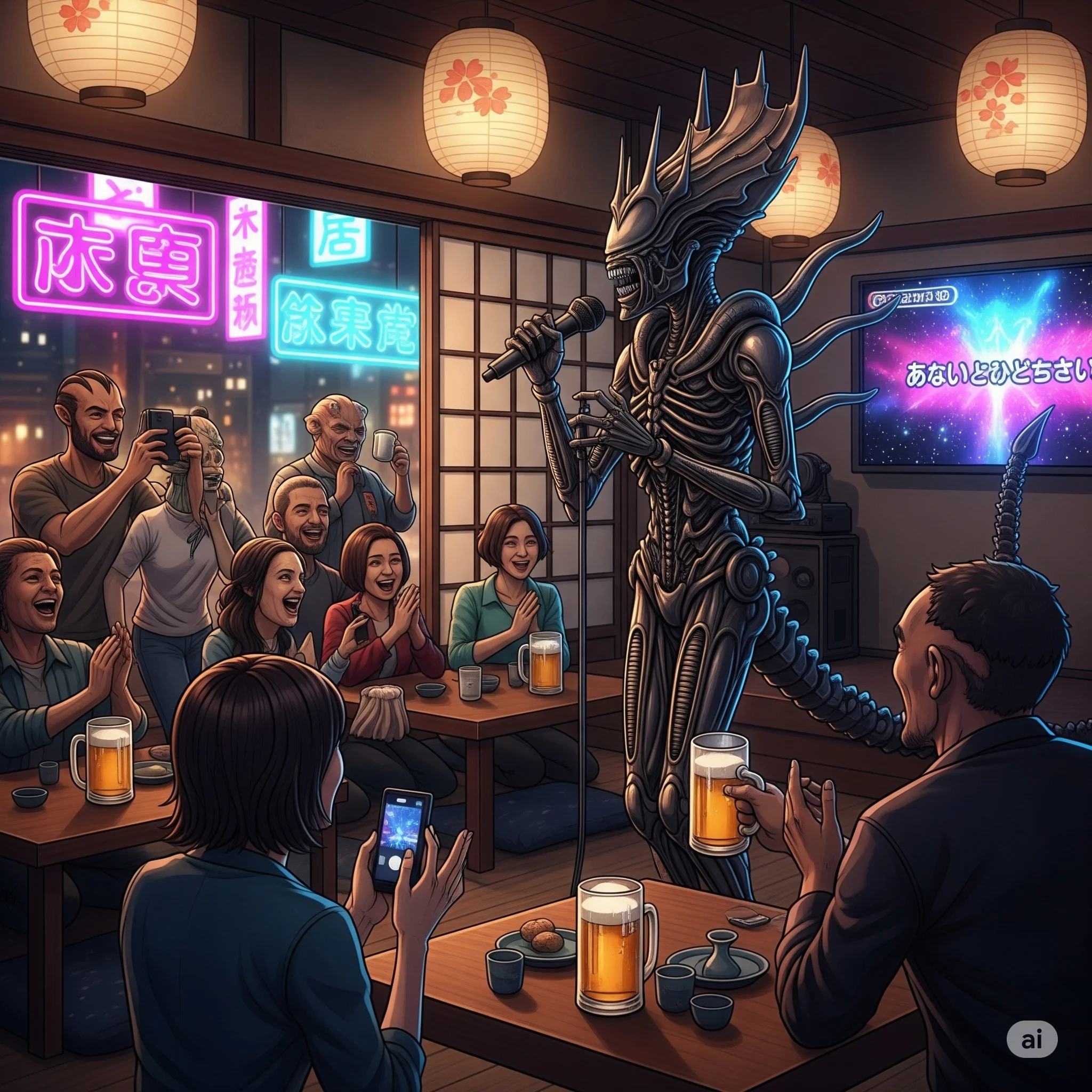Queen xenomorph alien singing karaoke in Japan cafe picture 1 of 1