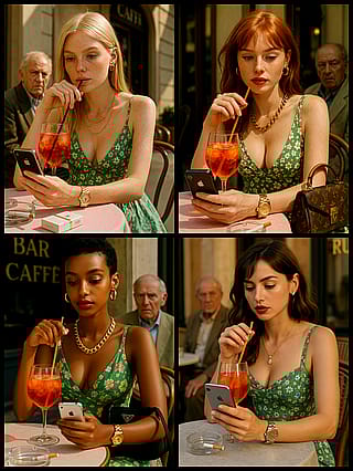 4 different girls in green dresses with an old man'