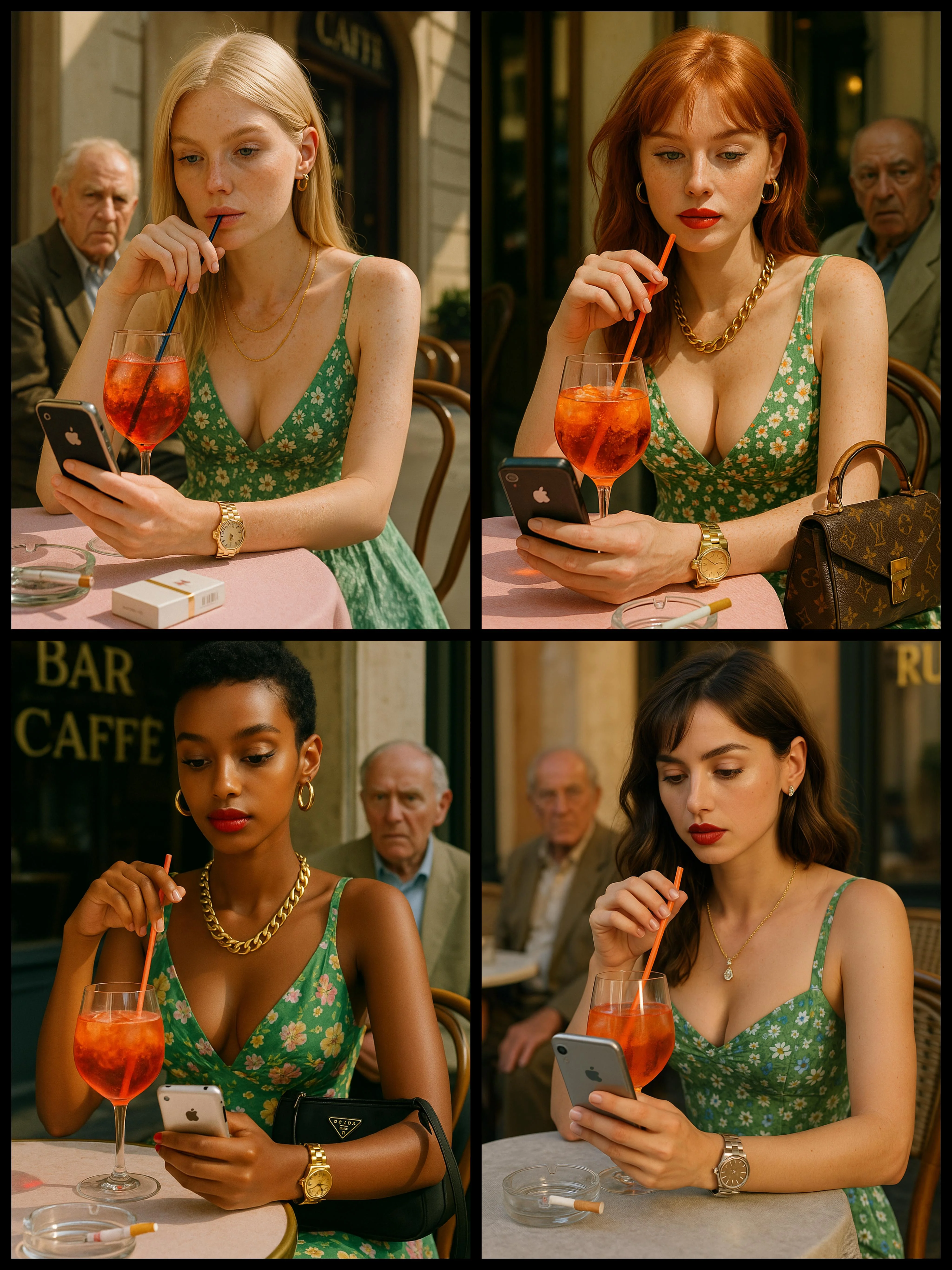 4 different girls in green dresses with an old man picture 1 of 1