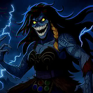 What would it look like if Adult Thrúd from God of War turned into a Zombie with yellow eyes?'