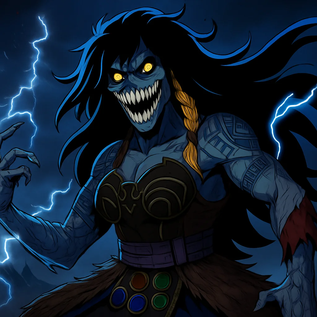 What would it look like if Adult Thrúd from God of War turned into a Zombie with yellow eyes? picture 1 of 1