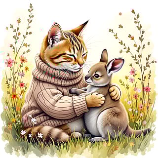 "Cat caressing a baby kangaroo"'