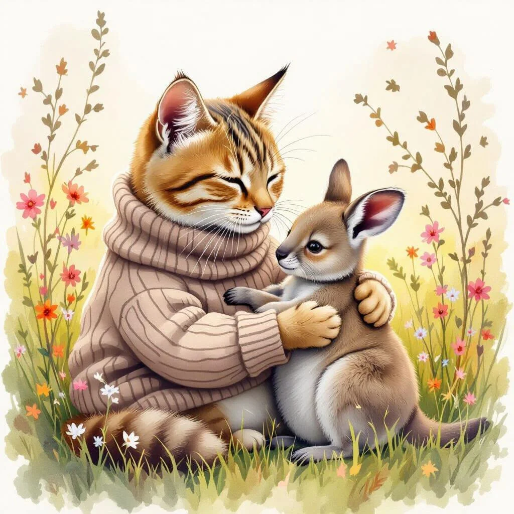 "Cat caressing a baby kangaroo" picture 1 of 1