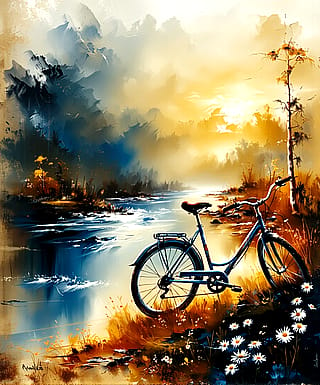 "Landscape With Bicycle". My StarryAI creation made with my own trained style.'