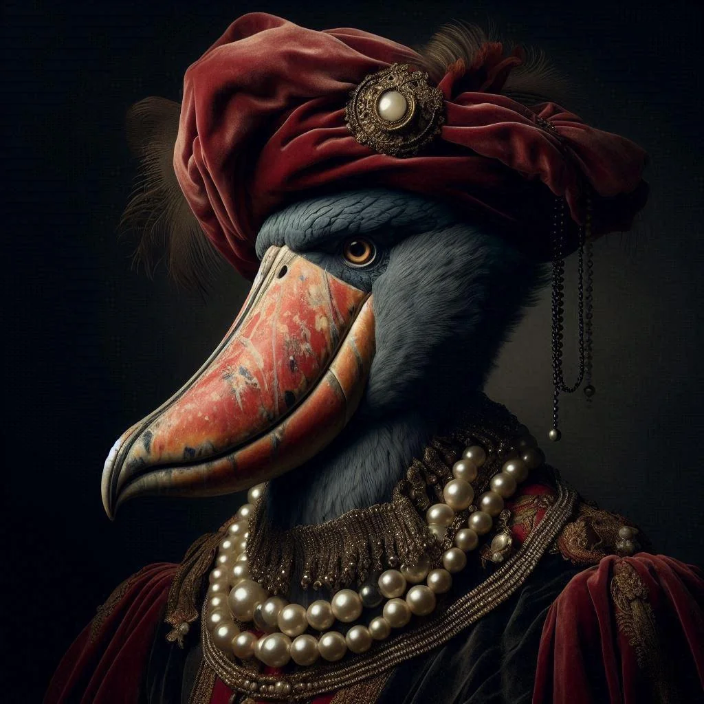 Shoebill stork in Italian Renaissance garb. picture 1 of 1