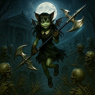 Travesty, the monster-girl, wielding the weapon Moonfang to protect her cemetery from evil'