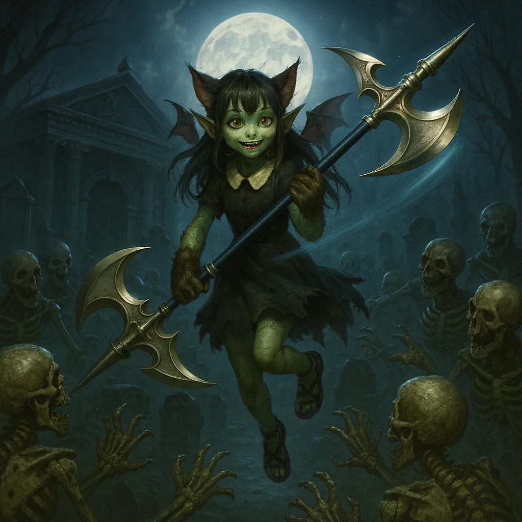 Travesty, the monster-girl, wielding the weapon Moonfang to protect her cemetery from evil picture 1 of 1