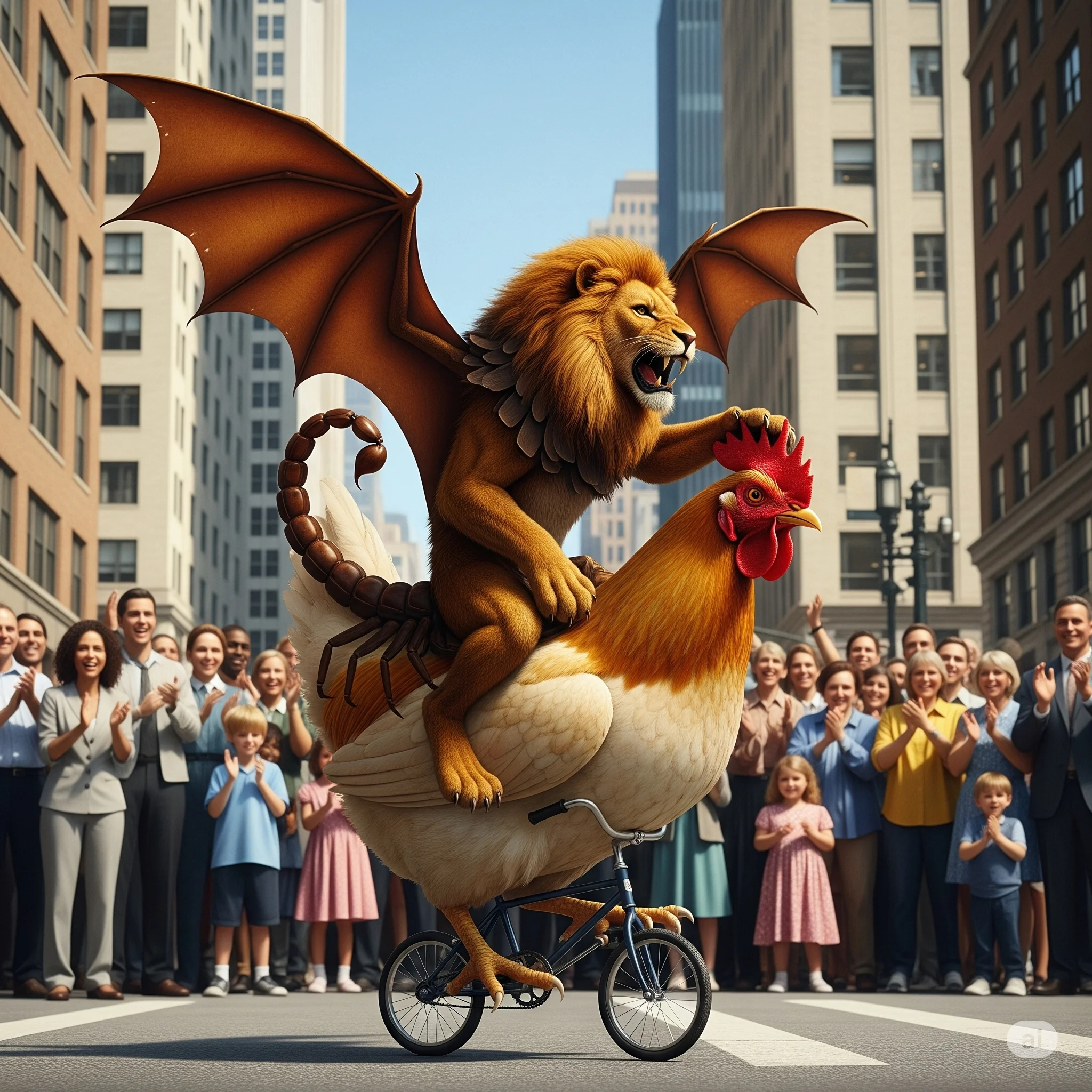 A manacore riding a chicken riding on top of a miniature bicycle and city people clapping in a city in the background picture 1 of 1