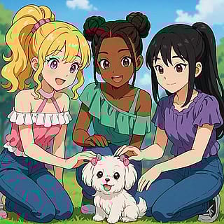 Leah, Zoey and Minnie giving Yuki scritches'