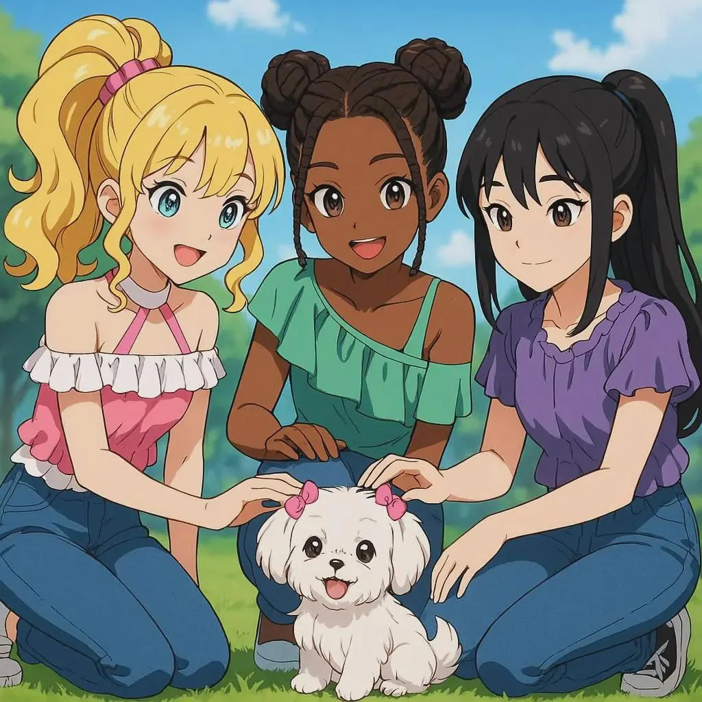 Leah, Zoey and Minnie giving Yuki scritches picture 1 of 1