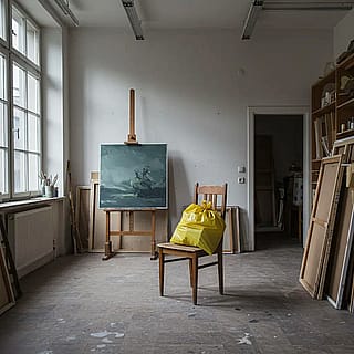 Back room with yellow trash bag'