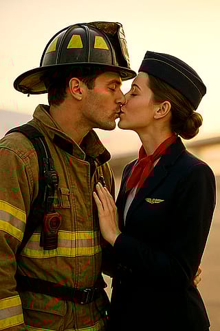 Firefighter x flight attendant kissing'