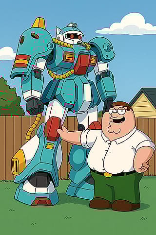 Peter showing his brand new mobile suit proudly'