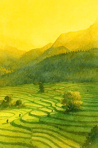 Golden Fields at Dusk – Watercolor Dreamscape'