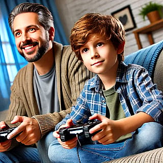 Boy playing video game with his father'