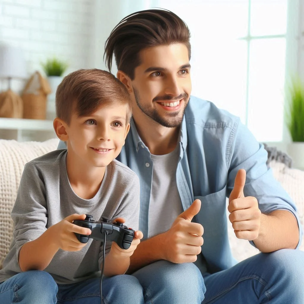 Boy playing video game with his father picture 2 of 2