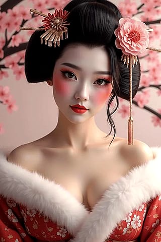 A close-up of a geisha doll with a pink rose in her hair.'