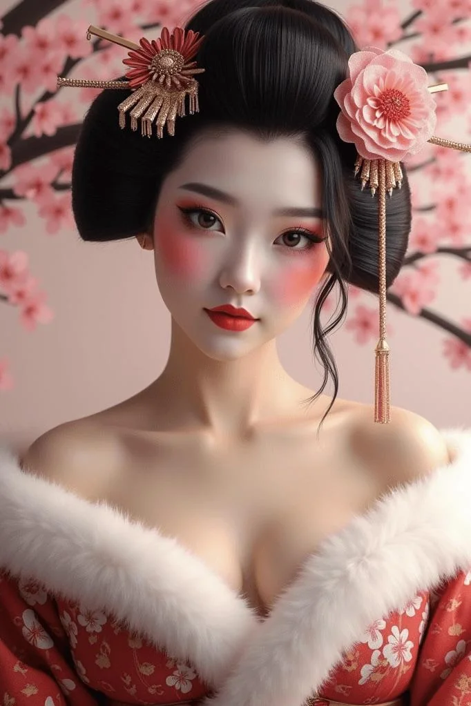 A close-up of a geisha doll with a pink rose in her hair. picture 1 of 1