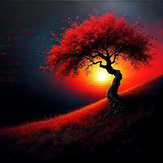 Solitary twisted tree with brilliant crimson foliage'