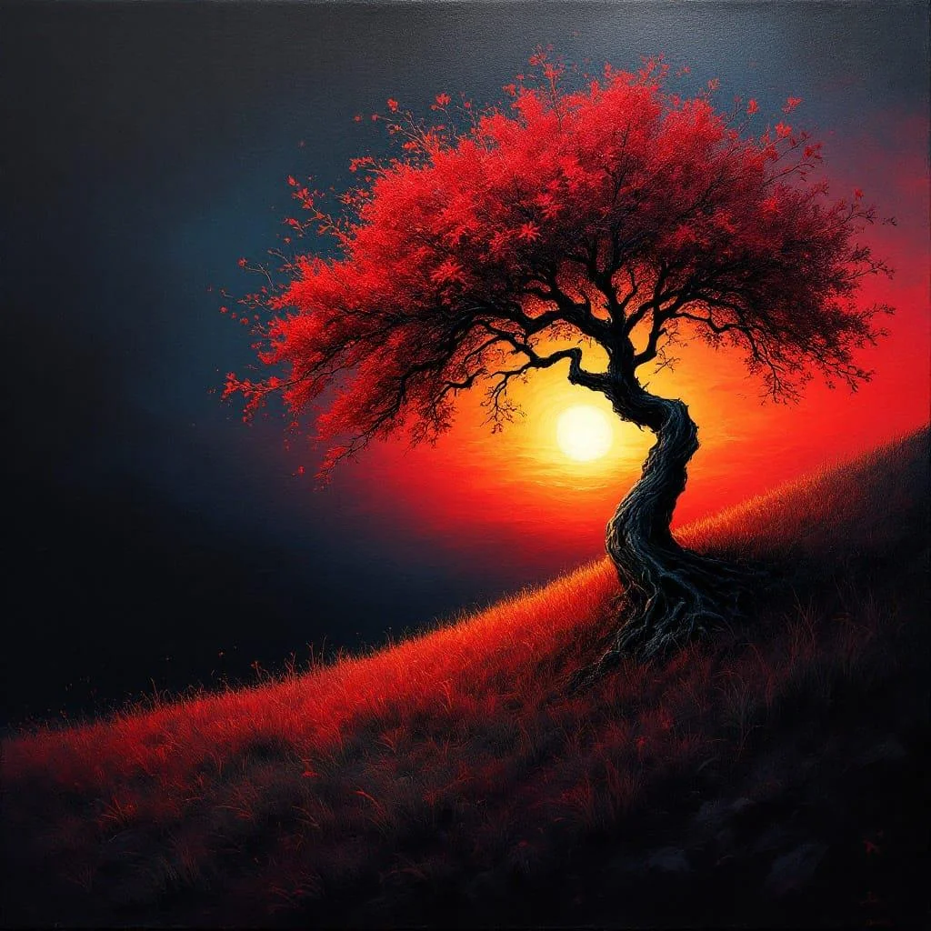 Solitary twisted tree with brilliant crimson foliage picture 1 of 1