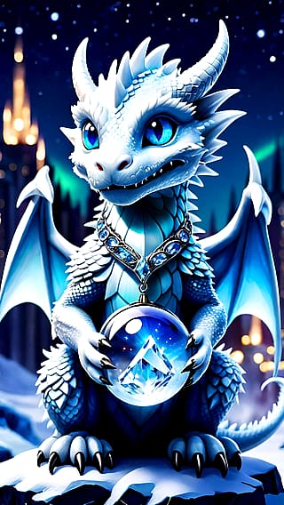 A baby ice dragon with a crystal sphere. Bringing good luck to all those who meet him. Take care of him because as he grows up, your luck will grow too! (And you'll get a good friend for life! <3)'