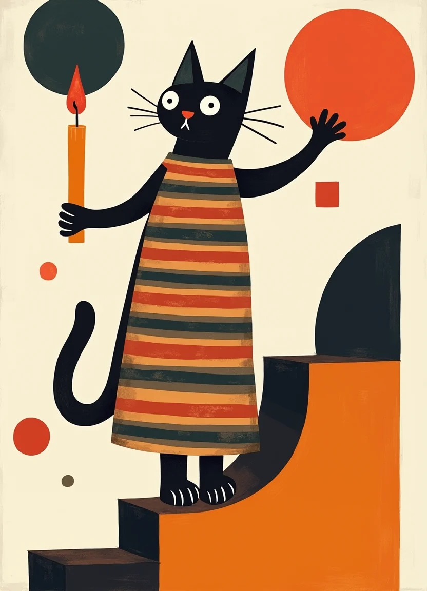 A cat in a striped nightgown, holding a candle on a crooked staircase picture 1 of 20
