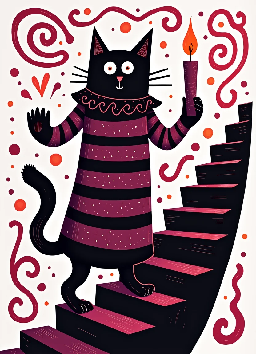 A cat in a striped nightgown, holding a candle on a crooked staircase picture 2 of 20