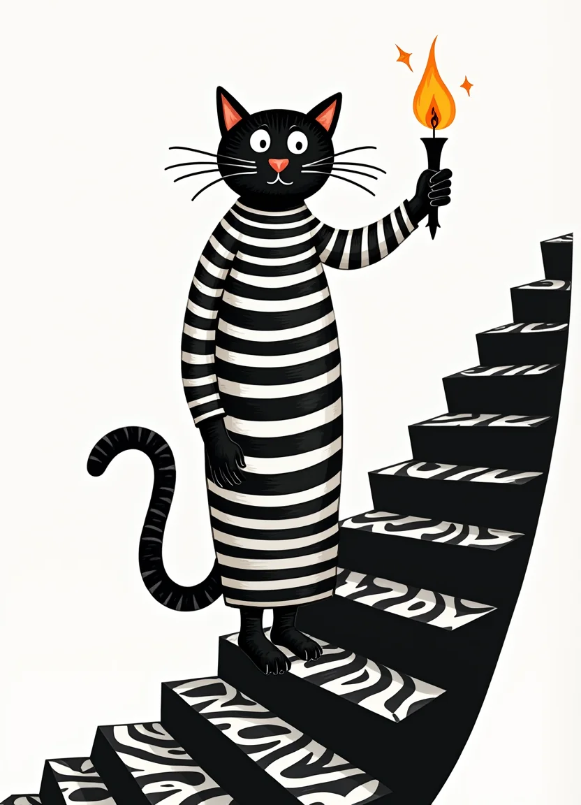 A cat in a striped nightgown, holding a candle on a crooked staircase picture 3 of 20