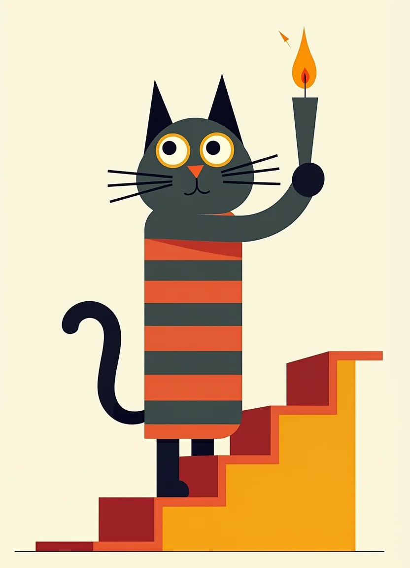 A cat in a striped nightgown, holding a candle on a crooked staircase picture 4 of 20