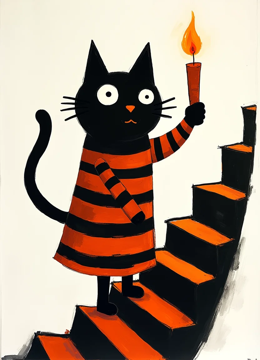 A cat in a striped nightgown, holding a candle on a crooked staircase picture 5 of 20