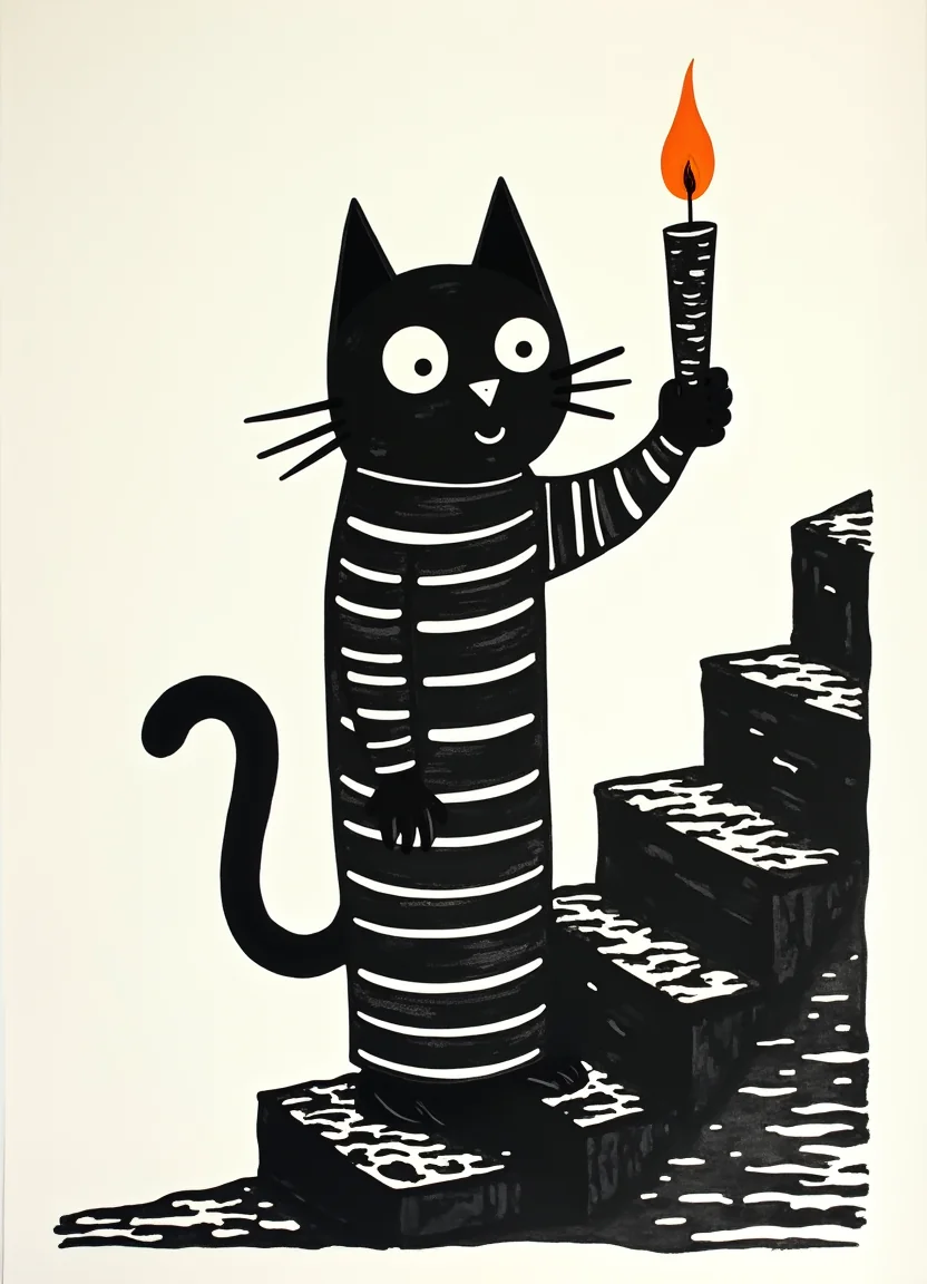 A cat in a striped nightgown, holding a candle on a crooked staircase picture 6 of 20
