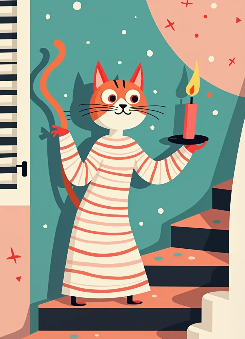 A cat in a striped nightgown, holding a candle on a crooked staircase picture 7 of 20