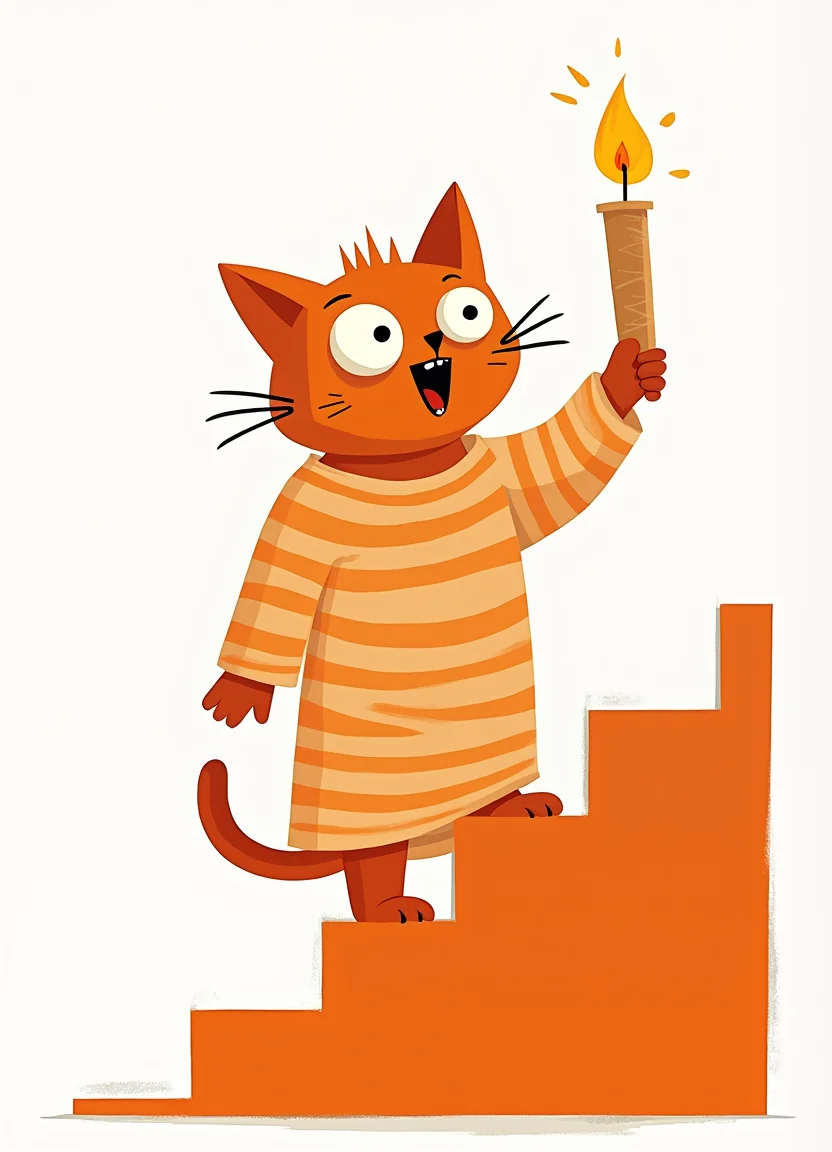 A cat in a striped nightgown, holding a candle on a crooked staircase picture 8 of 20