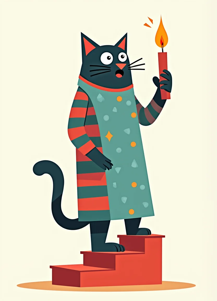 A cat in a striped nightgown, holding a candle on a crooked staircase picture 9 of 20