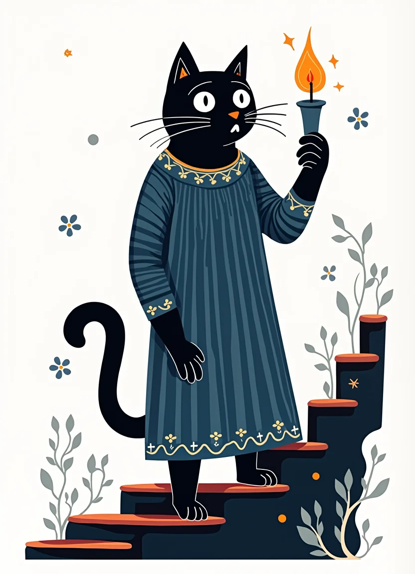 A cat in a striped nightgown, holding a candle on a crooked staircase picture 10 of 20