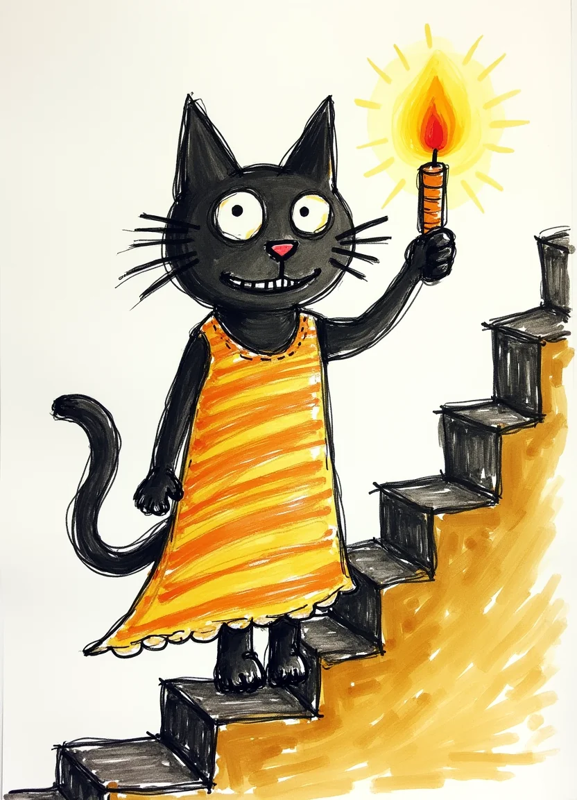 A cat in a striped nightgown, holding a candle on a crooked staircase picture 12 of 20