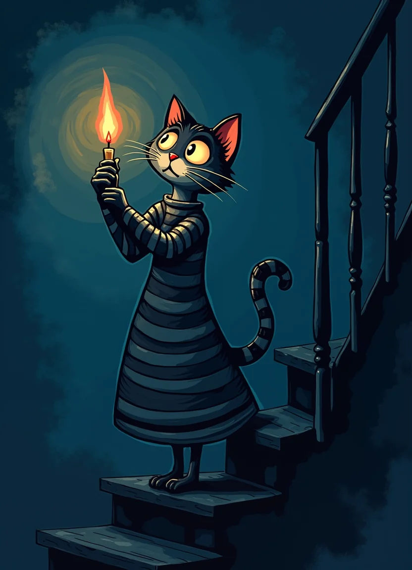 A cat in a striped nightgown, holding a candle on a crooked staircase picture 13 of 20