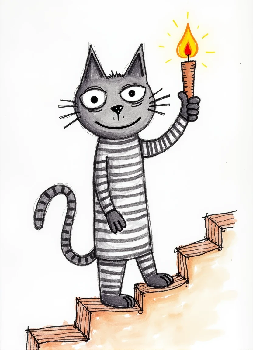 A cat in a striped nightgown, holding a candle on a crooked staircase picture 14 of 20