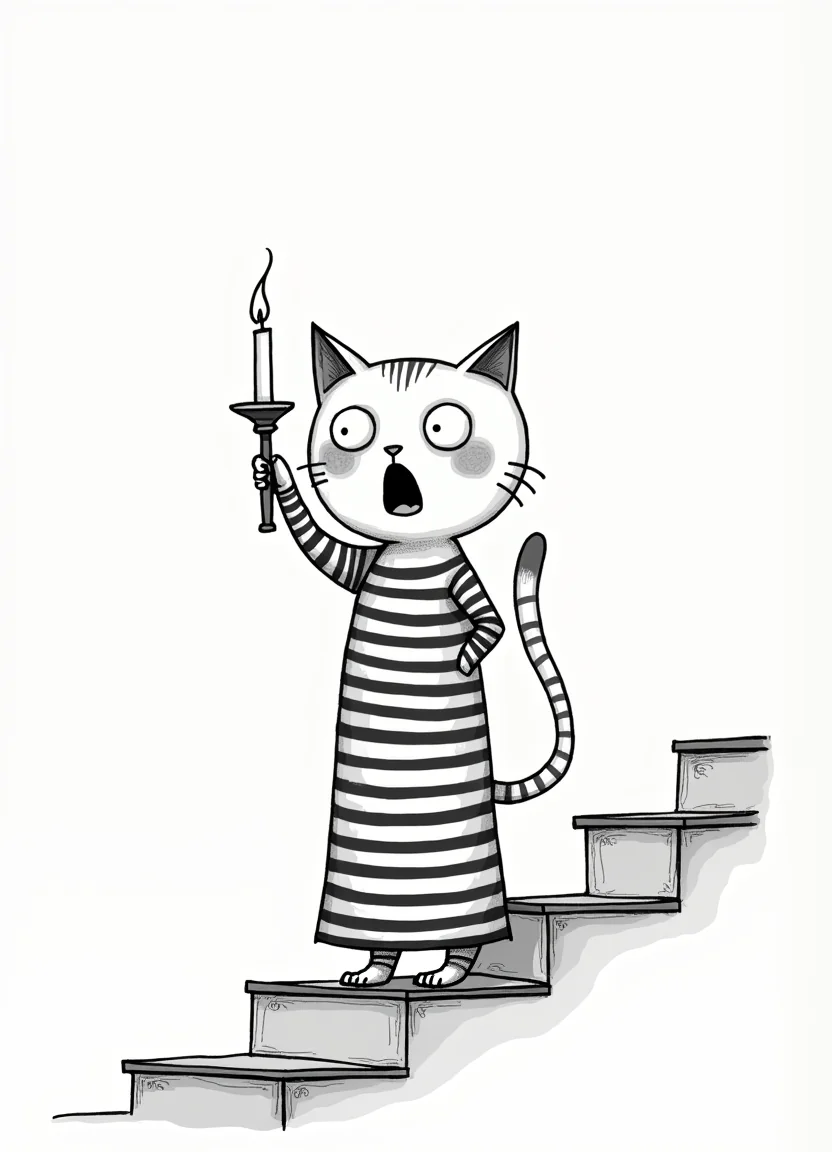 A cat in a striped nightgown, holding a candle on a crooked staircase picture 15 of 20