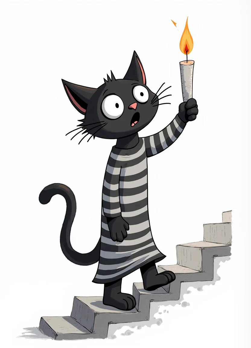A cat in a striped nightgown, holding a candle on a crooked staircase picture 16 of 20