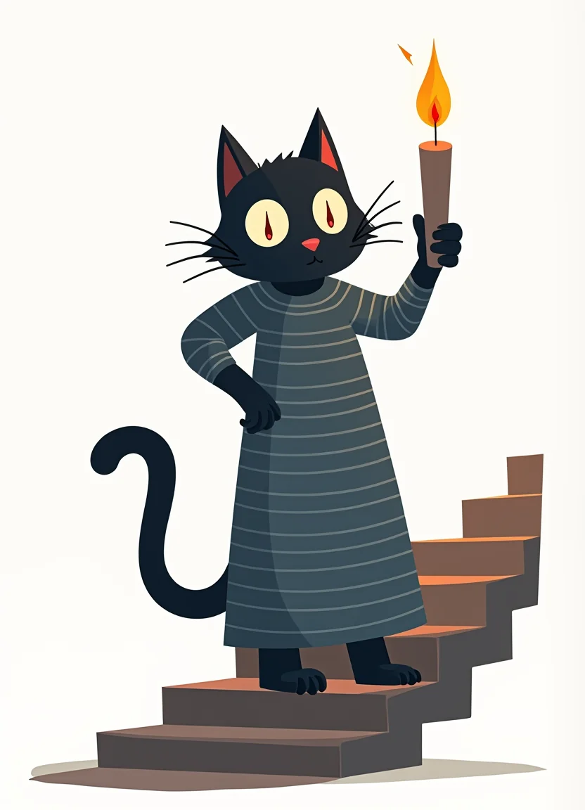 A cat in a striped nightgown, holding a candle on a crooked staircase picture 17 of 20