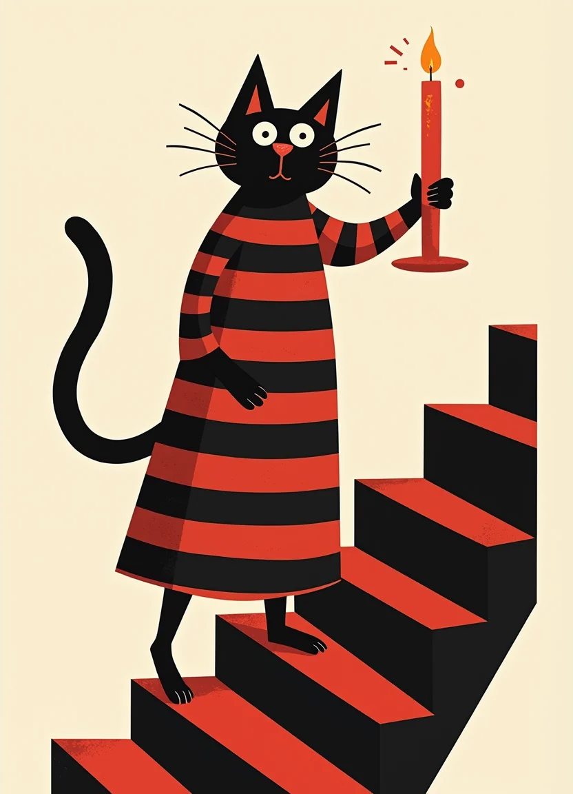 A cat in a striped nightgown, holding a candle on a crooked staircase picture 18 of 20