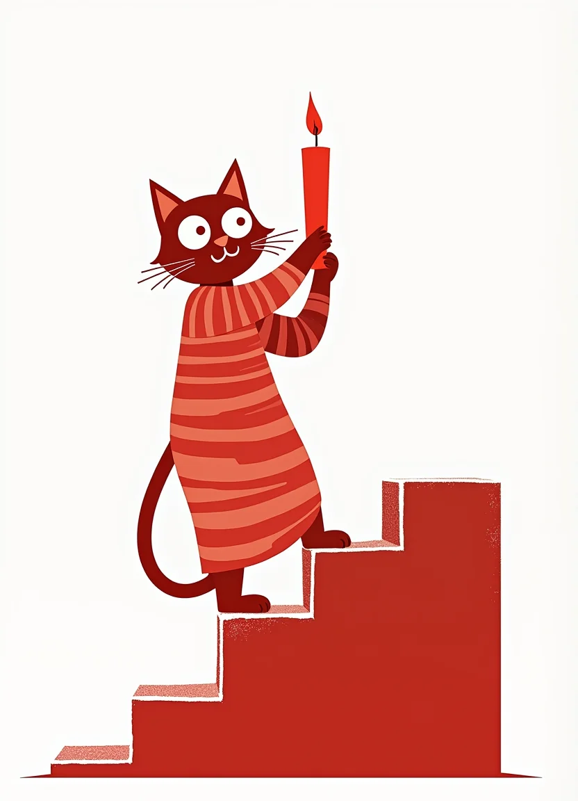 A cat in a striped nightgown, holding a candle on a crooked staircase picture 19 of 20