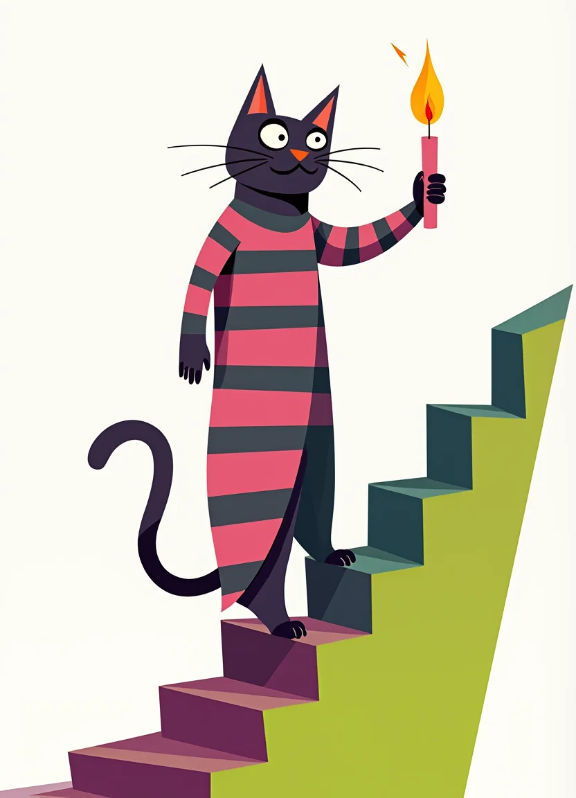 A cat in a striped nightgown, holding a candle on a crooked staircase picture 20 of 20