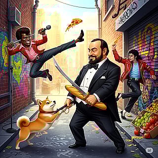 I asked Gemini to create an image of James Brown fighting Luciano Pavarotti with Michael Jackson. Then I asked to include my dog. I don’t know where the pizza or the baguette came from.'