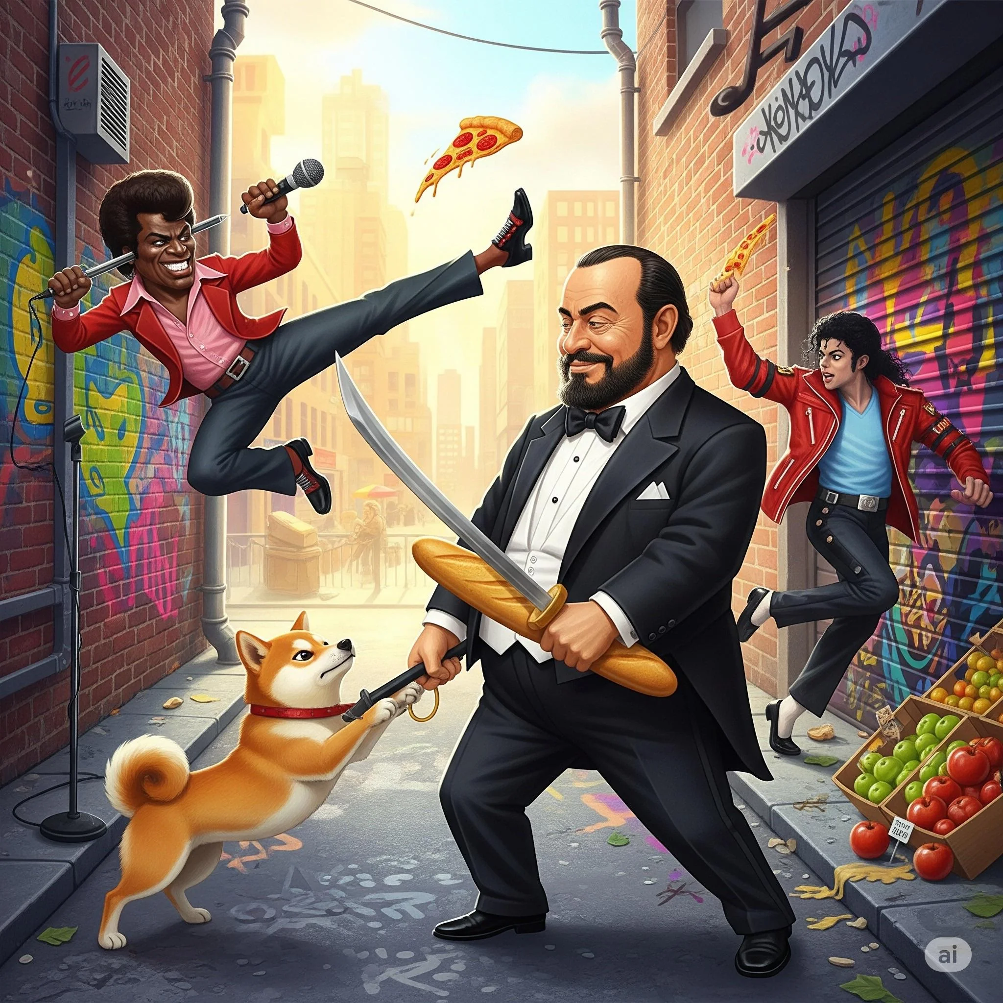 I asked Gemini to create an image of James Brown fighting Luciano Pavarotti with Michael Jackson. Then I asked to include my dog. I don’t know where the pizza or the baguette came from. picture 1 of 1