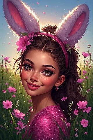 Bunny ears sparkly pink dress in a meadow'