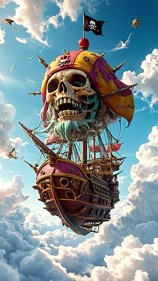 Pirate ship flying over clouds'